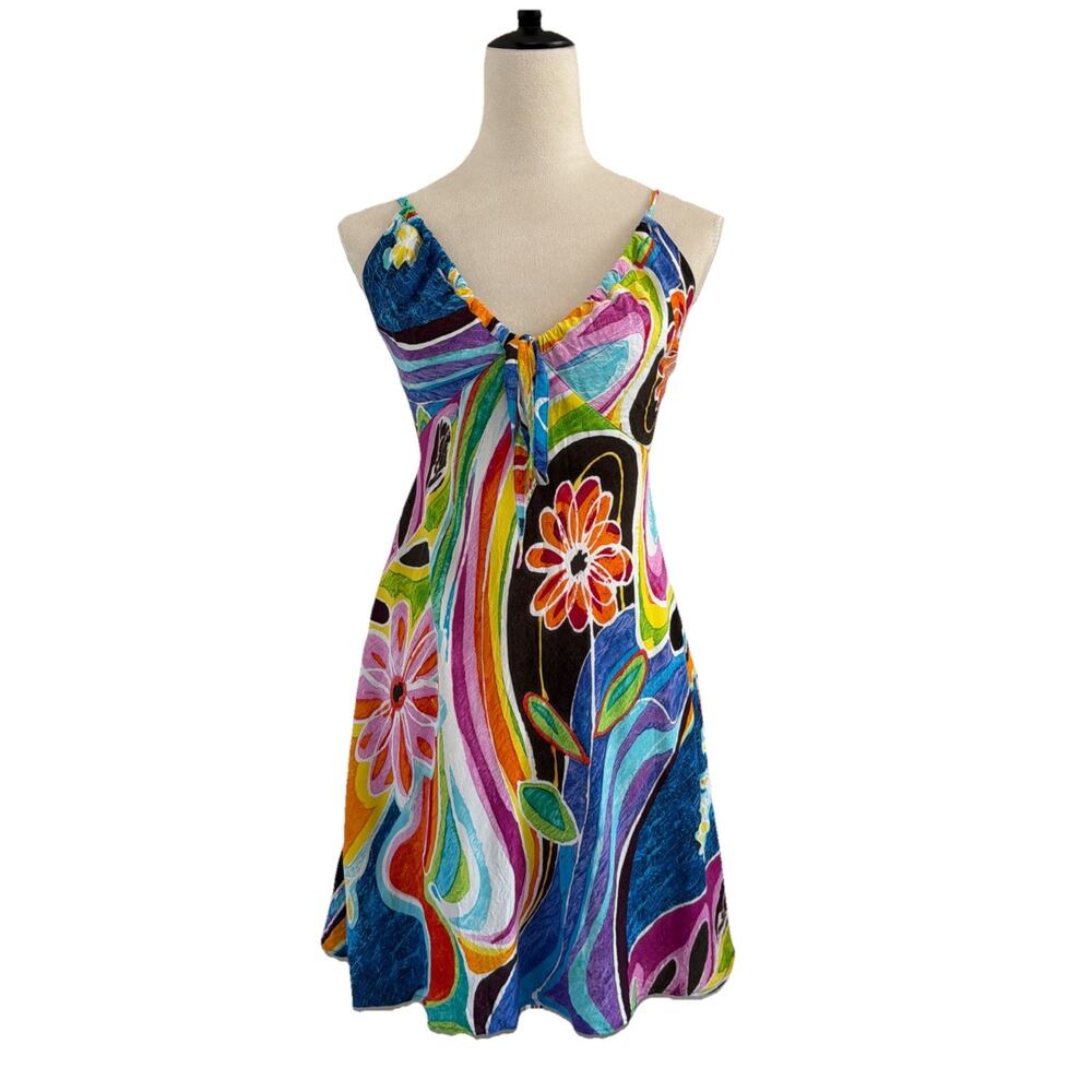 Jams World Mini Dress XS Multicolor Tropical Floral Rayon Spaghetti Strap Retro